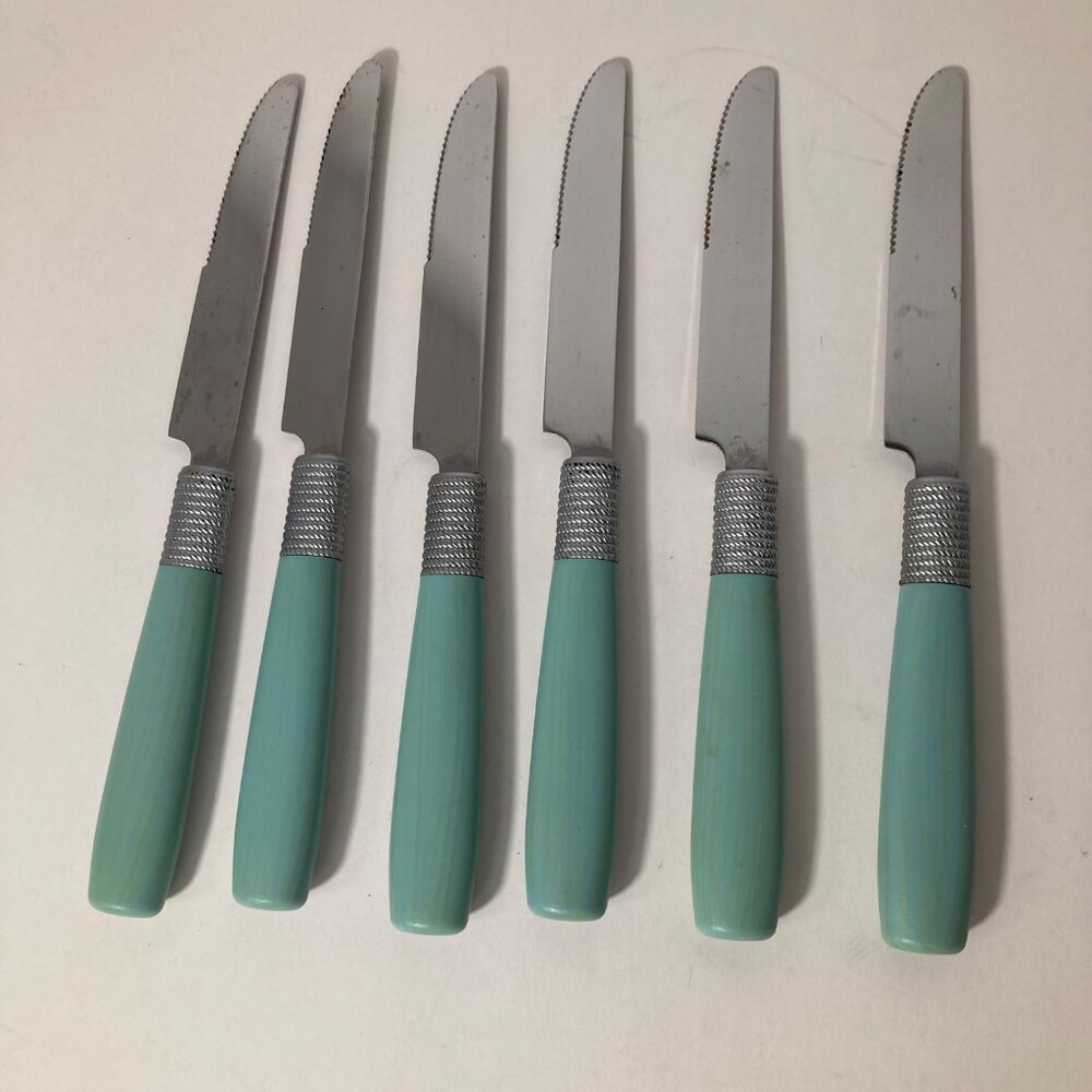 6 - Vintage Cambridge Dinner Knives Green Stainless‎ Flatware Plastic Handle 9"